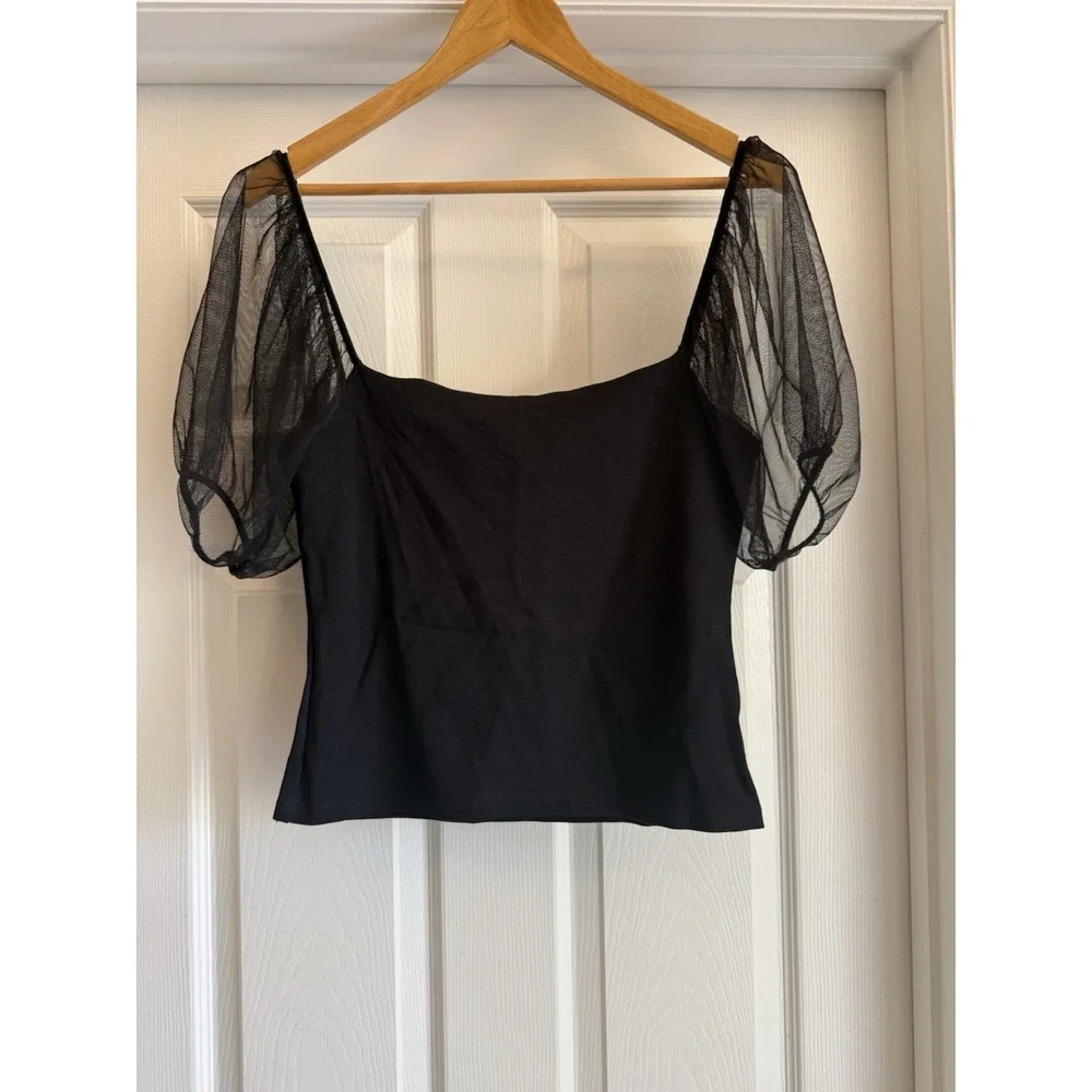 Free People Puff Sleeve Top Women M Black Mesh Sheer Sweetheart Square Neck Knit